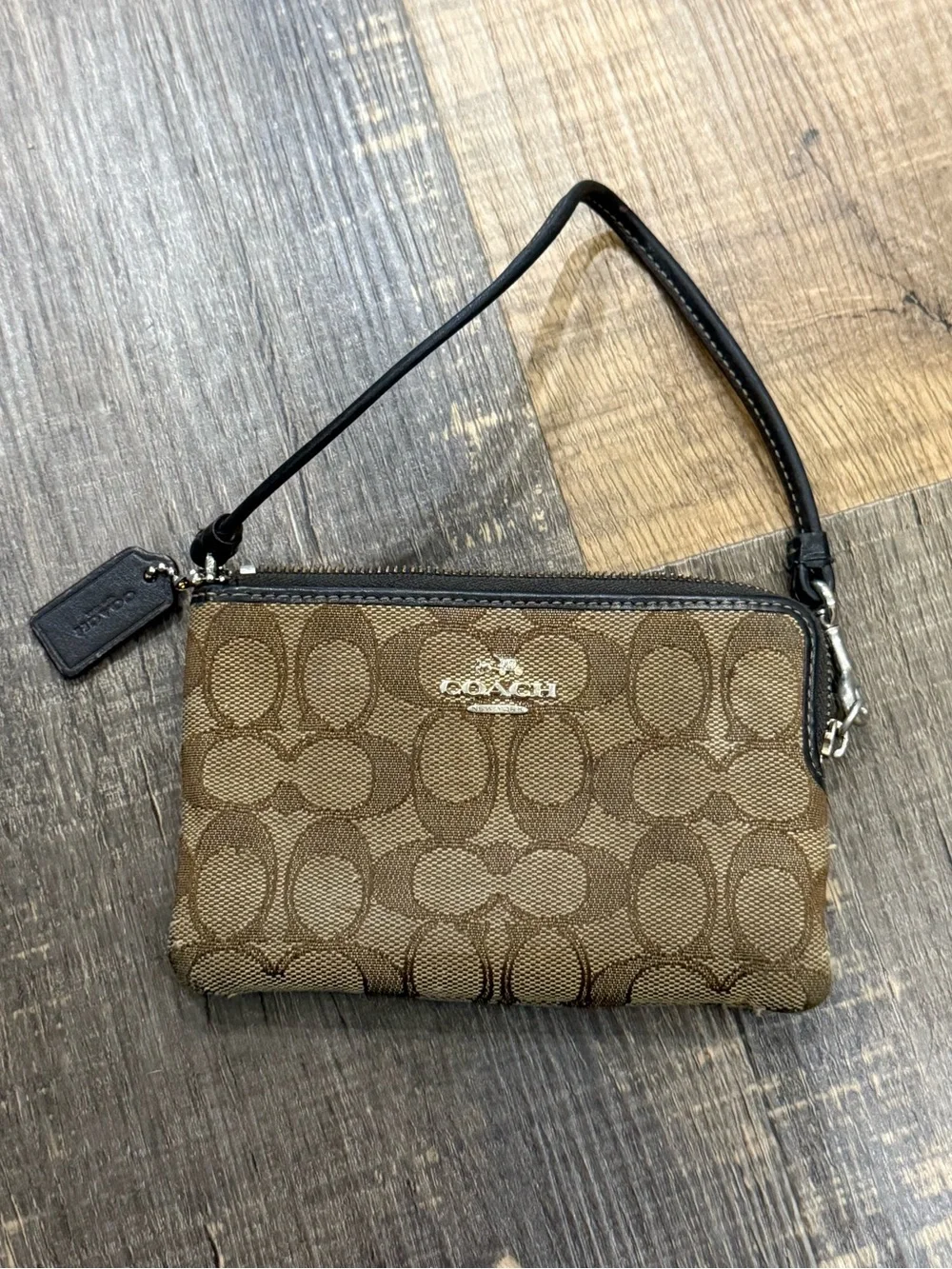 Coach Brown Signature Wristlet with Black Trim